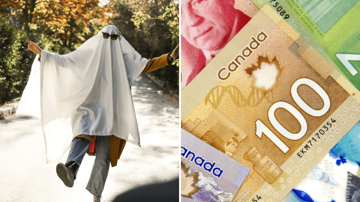 Left: person in ghost costume with sunglasses. Right: close-up of Canadian banknotes.
