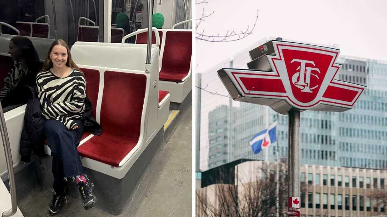 Left: Person sat on a streetcar, right: TTC sign above a subway station.