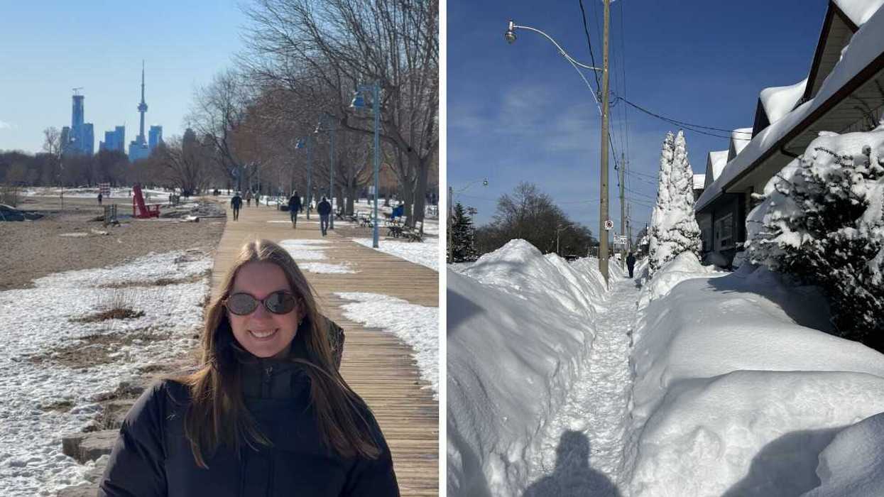 Left: Person stood in front of the Toronto skyline. Right: A narrow path with snowbanks either side.