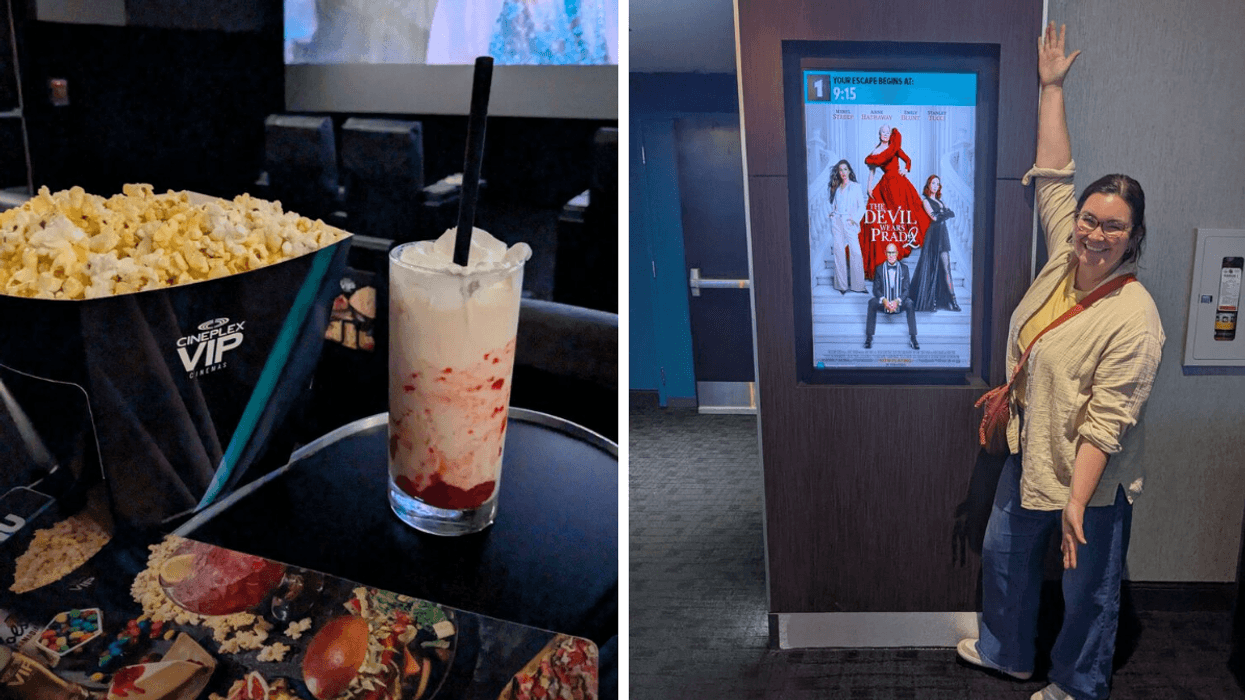 Left: popcorn and drink on a table in front of a movie theatre screen; right: woman holding up her hands posing in front of a movie poster
