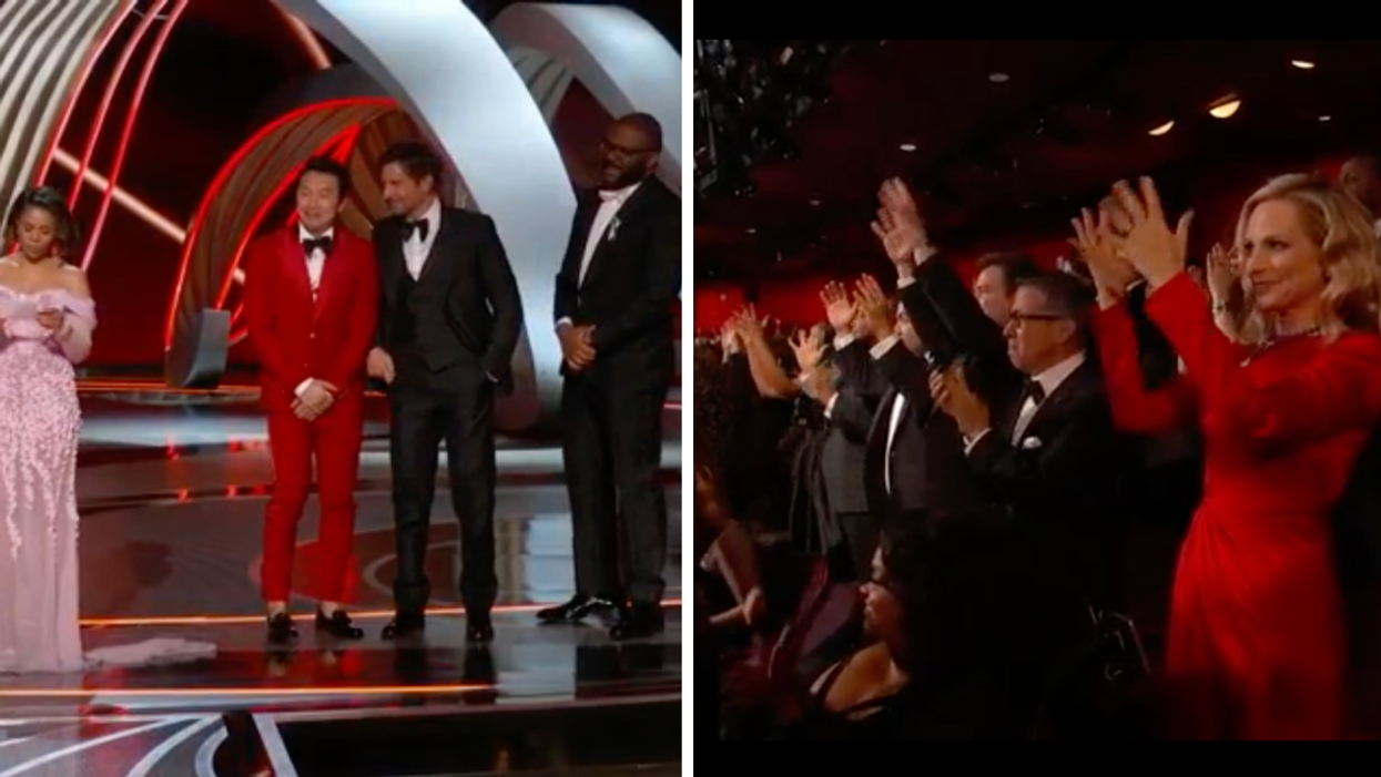 Left: Regina Hall with Simu Liu, Bradley Cooper and Tyler Perry. Right: Audience cheering.