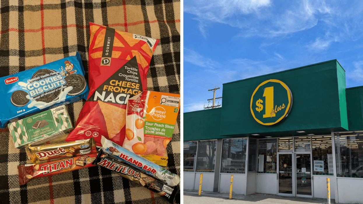 Left: Several snacks from Dollarama, Right: exterior of a Dollarama store