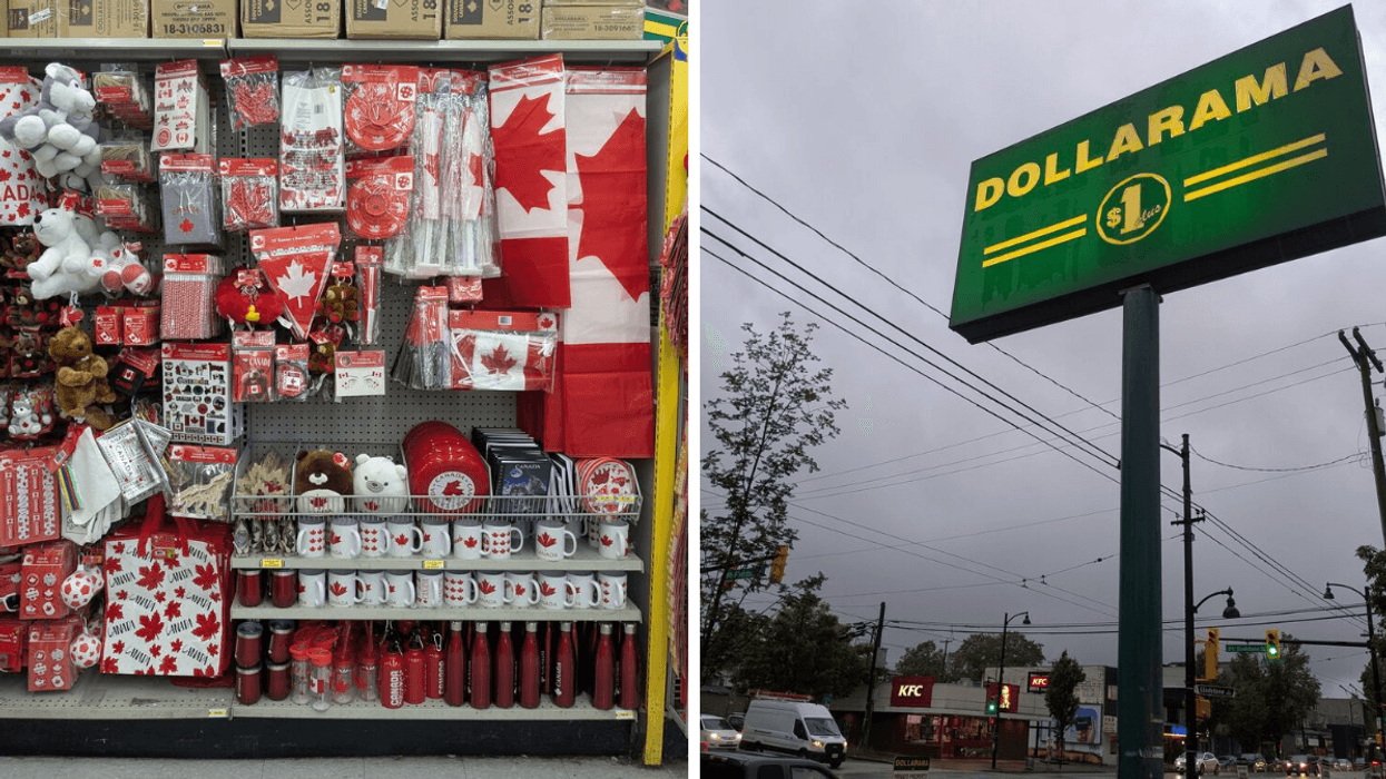 Left: shelves full of Canada Day items; Right: Dollarama store sign