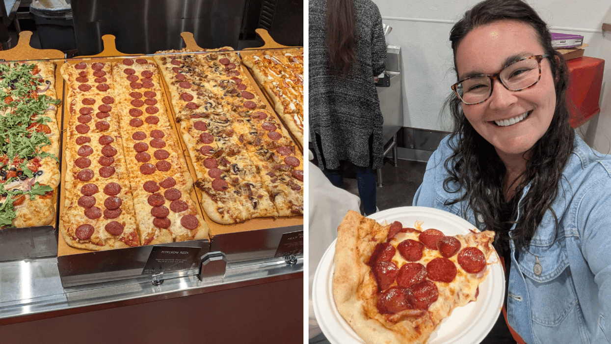 Left: side-by-side panels of pizza on display; Right: a woman with glasses and dark hair holding up a slice of pizza on a plate