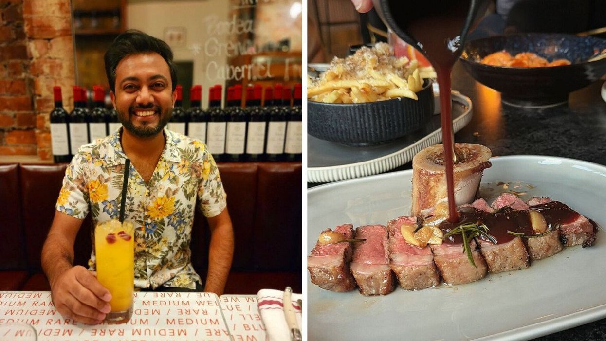 Left: Someone dining at J’s Steak Frites. Right: A strip loin with bone marrow at Lyla