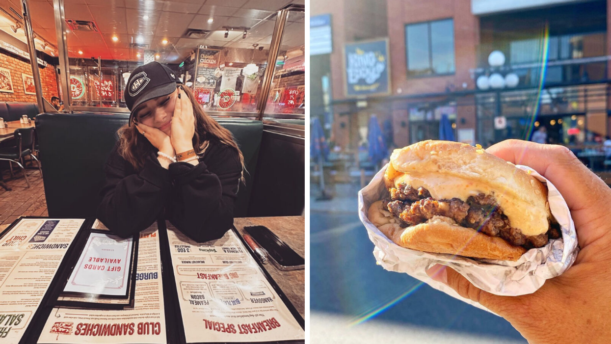 Left: Someone dining at the Elgin Street Diner | Right: The King Eddy Burger