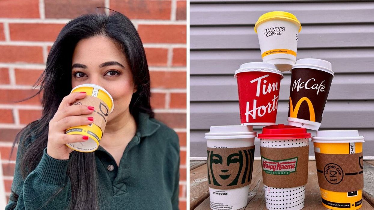 Left: Someone drinking a pumpkin spice latte. Right: A tower of coffee cups