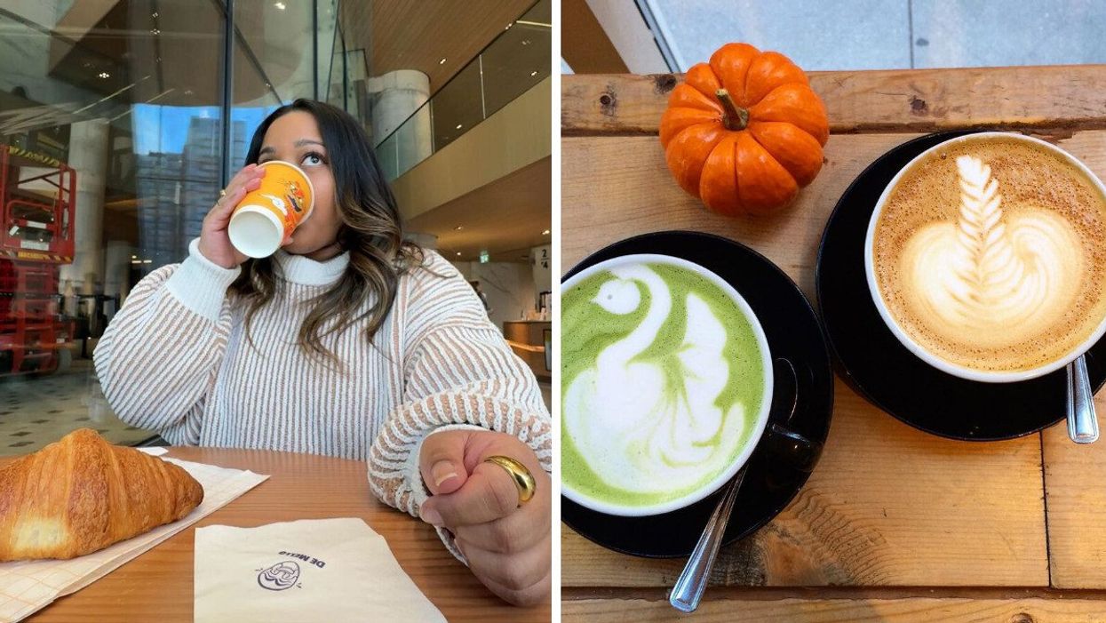 Left: Someone drinking coffee at De Mello. Right: Fall drinks at Fahrenheit Coffee
