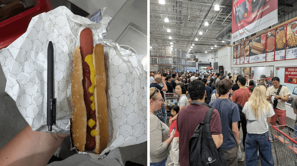 Left: someone holding a hot dog next to a pen for scale; Righ: large crowd in front of the Costco food court