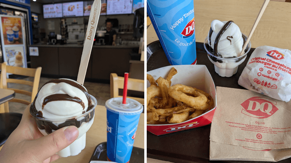 Left: Someone holding a hot fudge sundae; Right: A Dairy Queen meal on a table