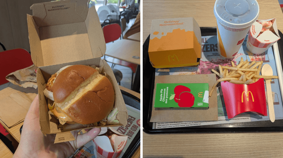 Left: someone holding a McDonald's burger in a box; Right: A McDonald's meal on a tray