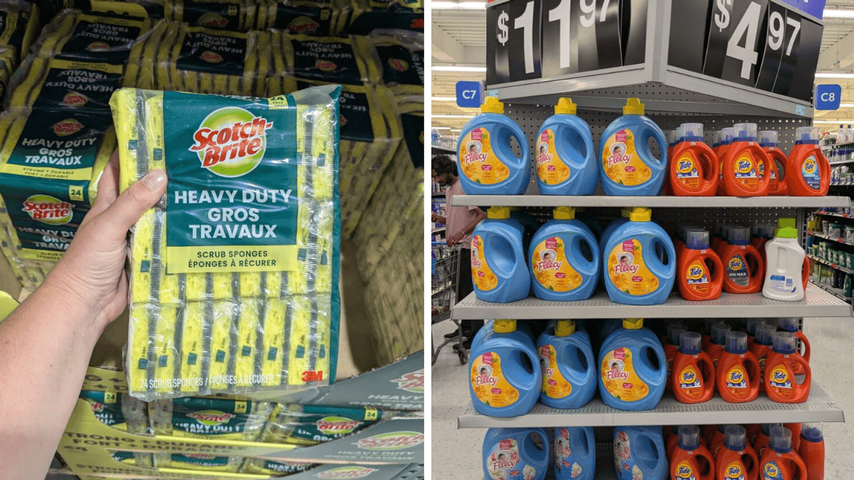 Left: someone holding a package of sponges; Right: laundry detergent on a shelf.
