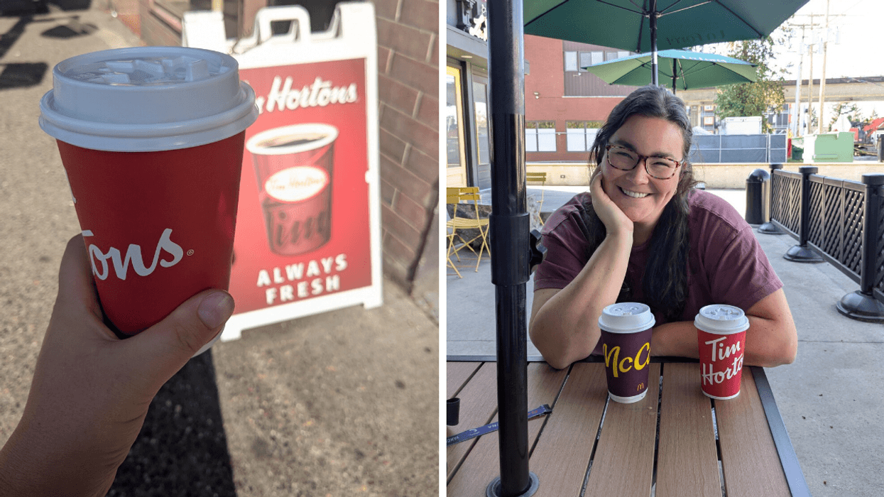 Left: someone holding a Tim Hortons coffee cup in front of a sign; Right: A woman with glasses and dark hair posing for the camera with a McDonald's and Tim Hortons coffee cup