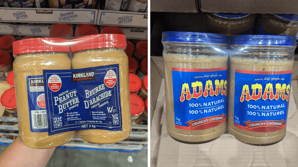 Left: someone holding two jars of Kirkland peanut butter; Right: two jars of Adams peanut butter