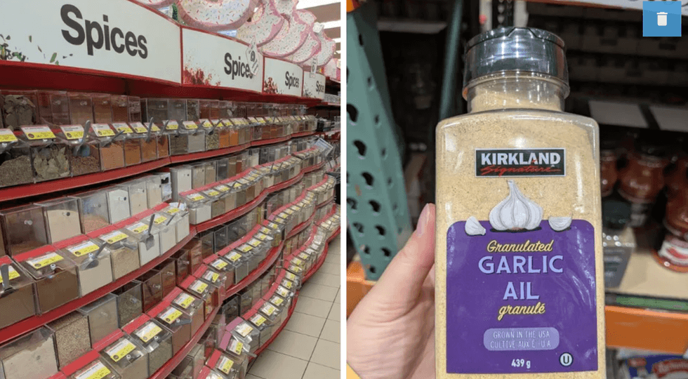 Left: Spice aisle at a store. Right: Hand holding granulated garlic container.