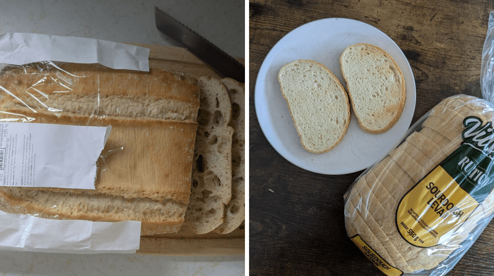 Left: square loaf of bread with piece cut; Right: loaf of bread beside a plate with two slices on it
