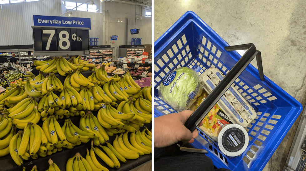 Left: stand full of bananas at Walmart; Right: someone holding a basket of groceries