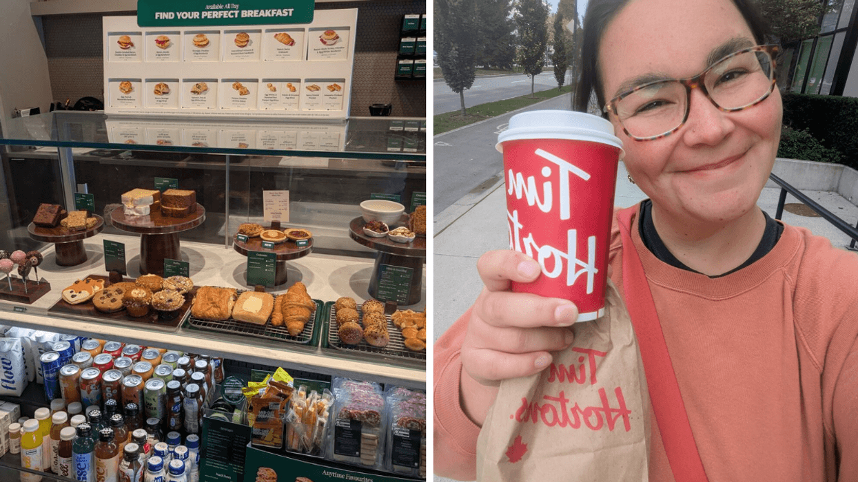 Left: Starbucks food display case; Right: selfie of a woman with classes holding a Tim Hortons cup and bag.