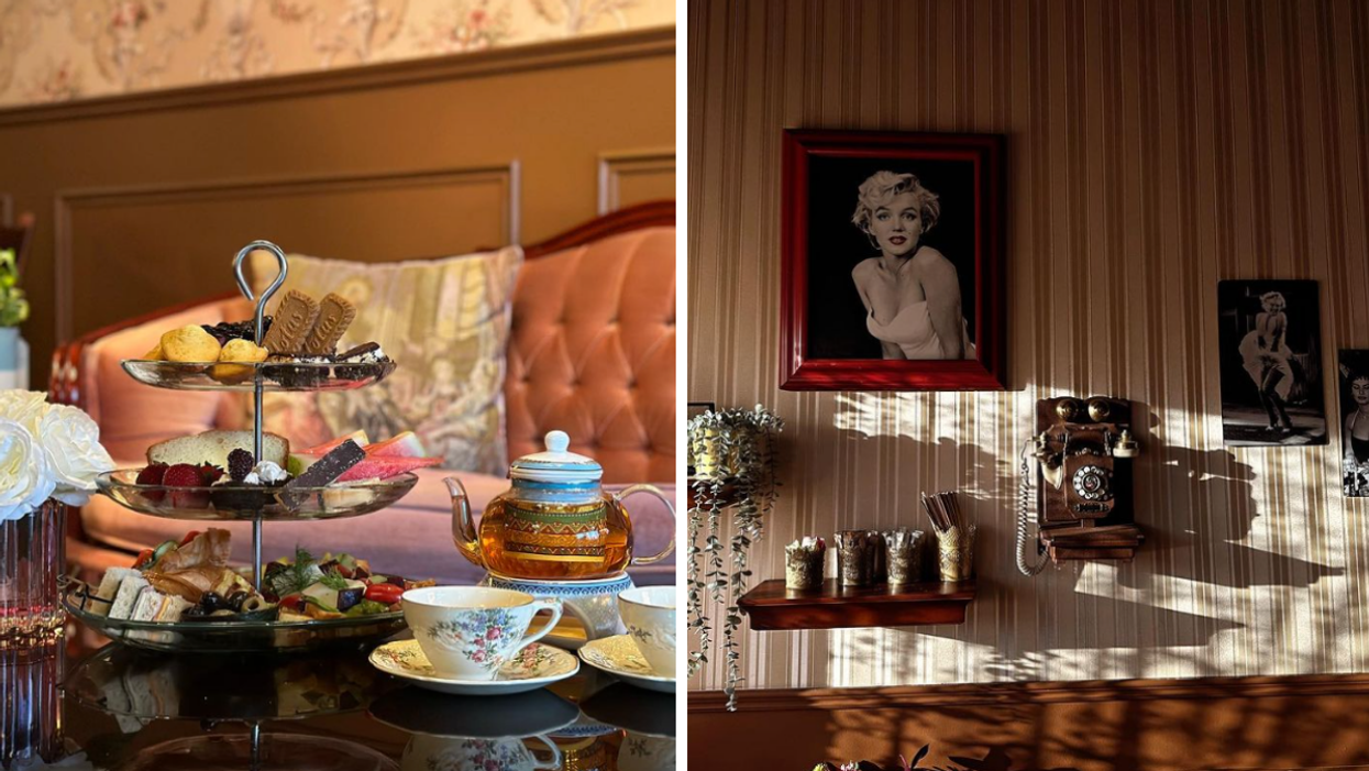 Left: Tea and sweets surrounded in gorgeous decor. Right: The wall decor at Beyond Café