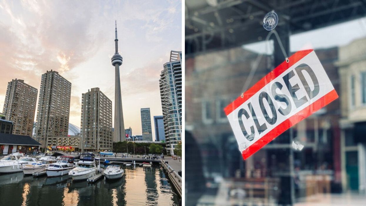 Left: The CN Tower in Toronto. Right: A closed sign