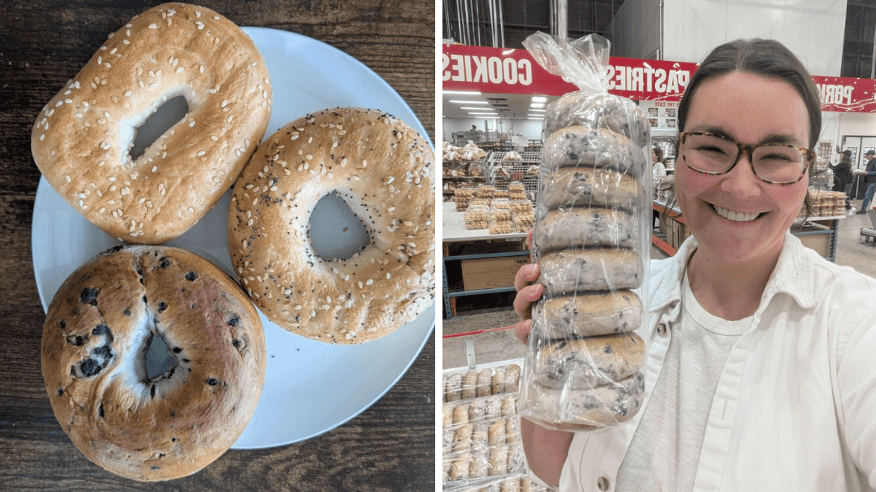 Left: three bagels on a plate; Right: woman with dark hair and glasses holding a package of bagels