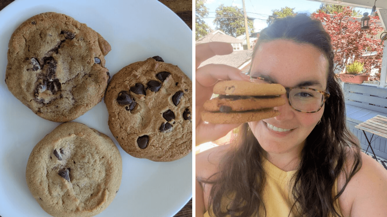 Left: three chocolate chip cookies on a plate; Right: A woman with dark hair and glasses holding up three cookies to the camera in a selfie