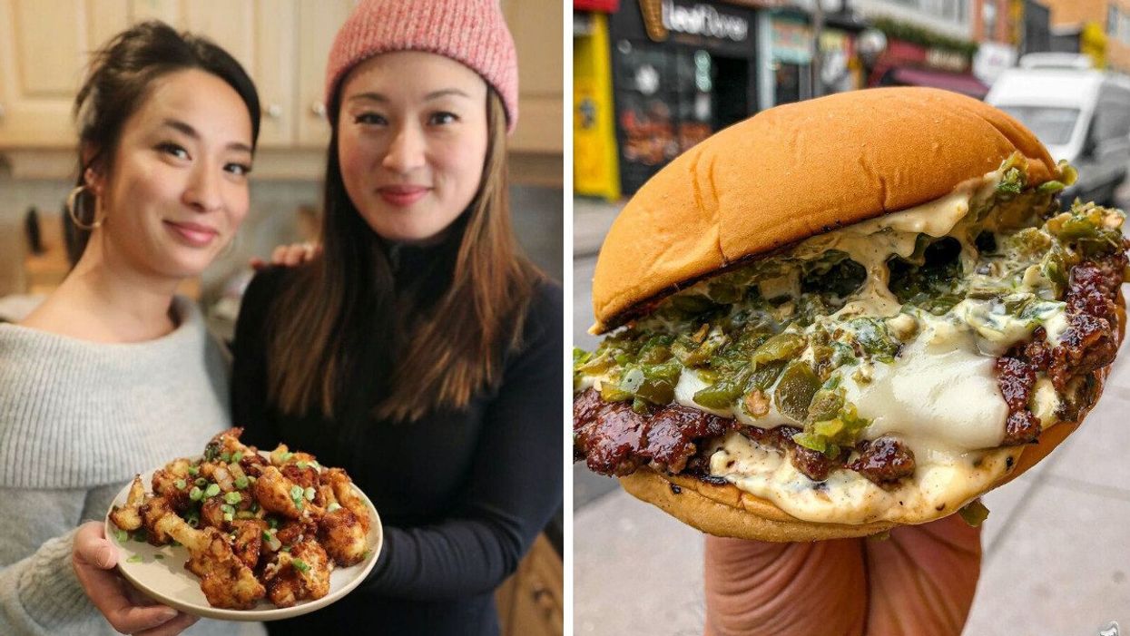 Left: Two sisters holding a plate for Hakka food. Right: A closeup of a smash burger with white sauce and chopped jalapeños.