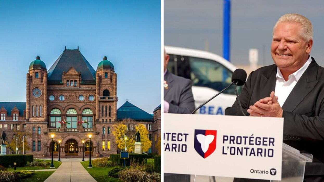 Legislative Assembly of Ontario building. Right: Ontario Premier Doug Ford.