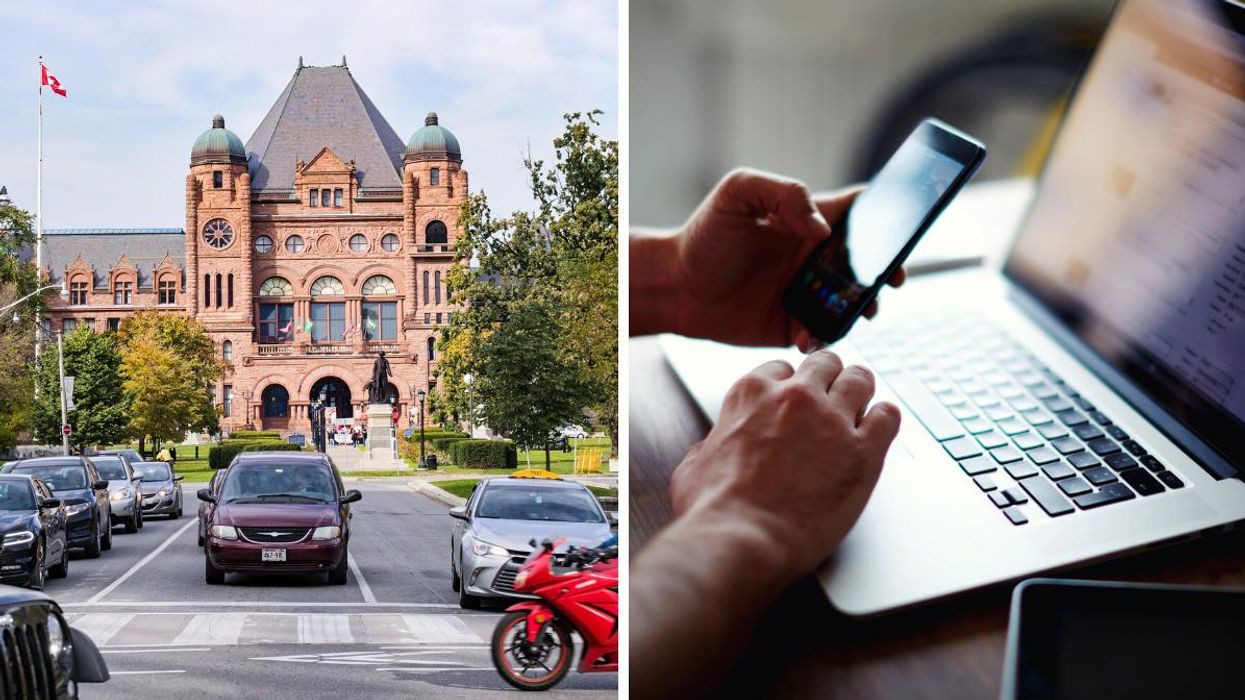 Legislative Assembly of Ontario. Right: A man scrolling on his laptop.