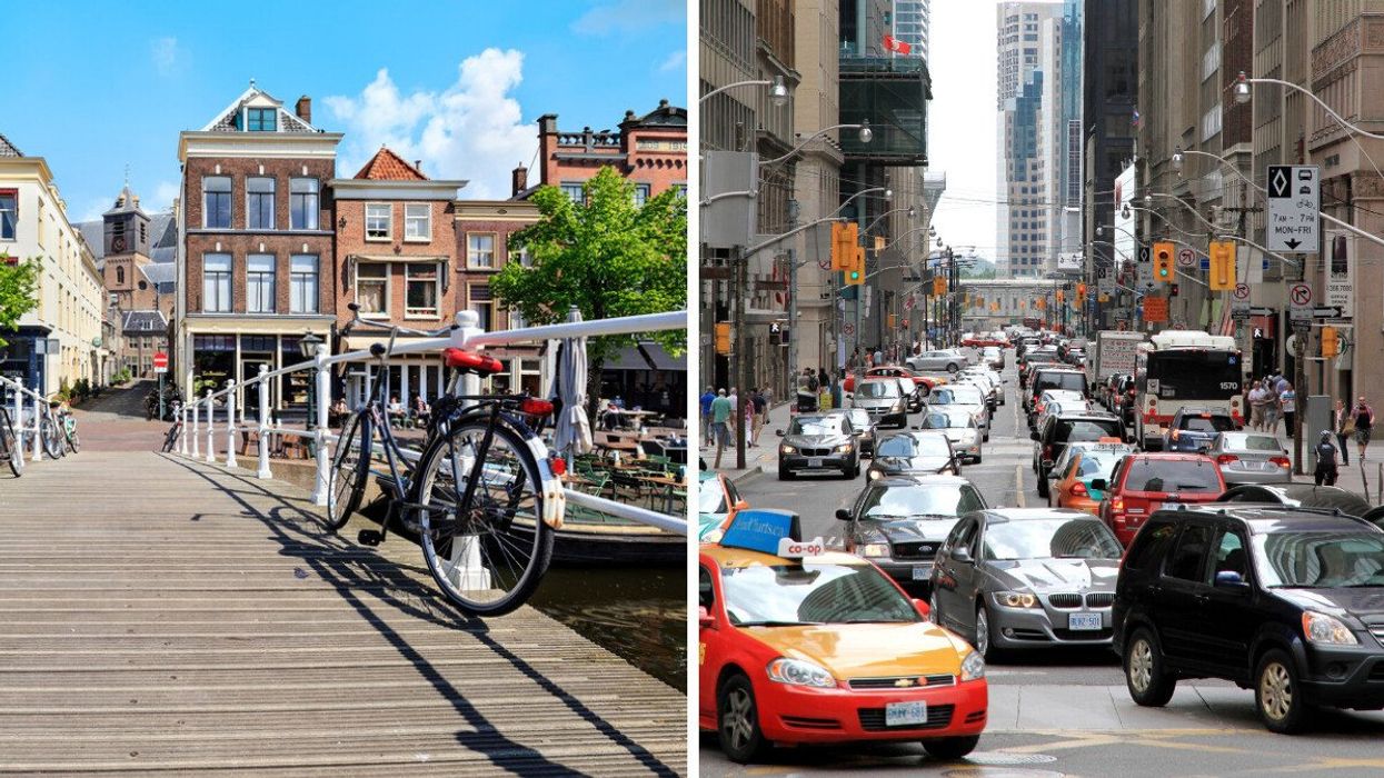 Leiden, The Netherlands. Right: Traffic in downtown Toronto.