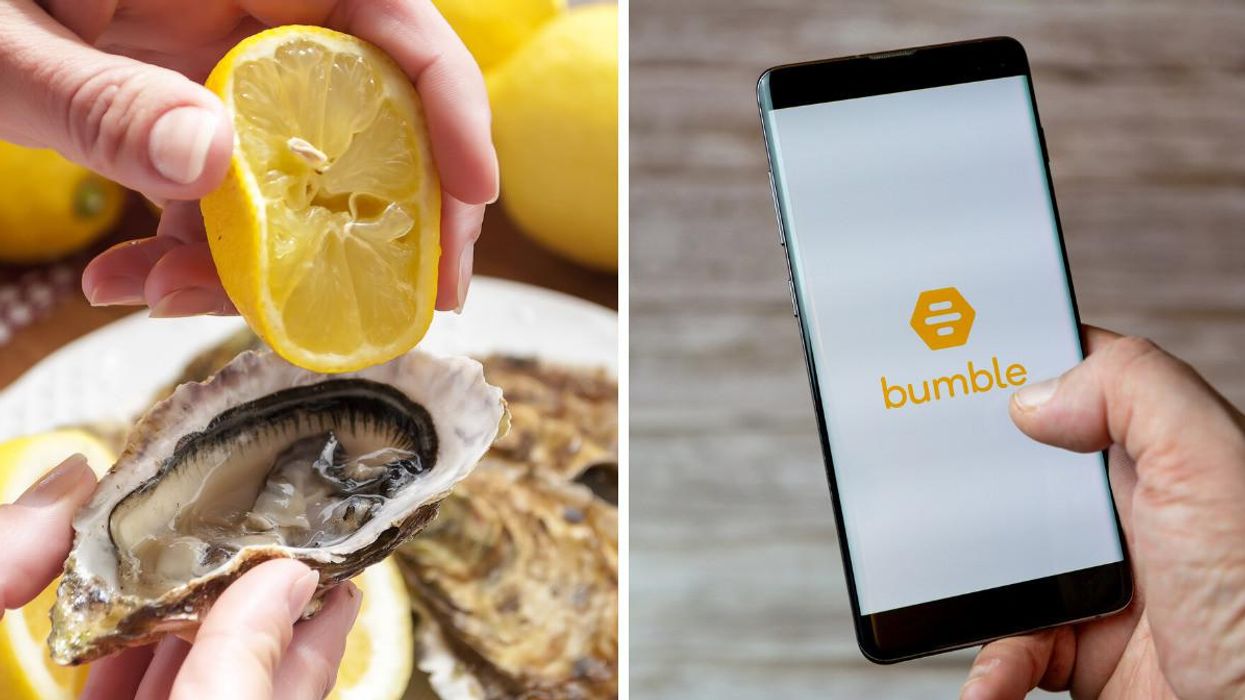 Lemon being squeezed into an oyster. Right: A cell phone with the Bumble logo on screen.