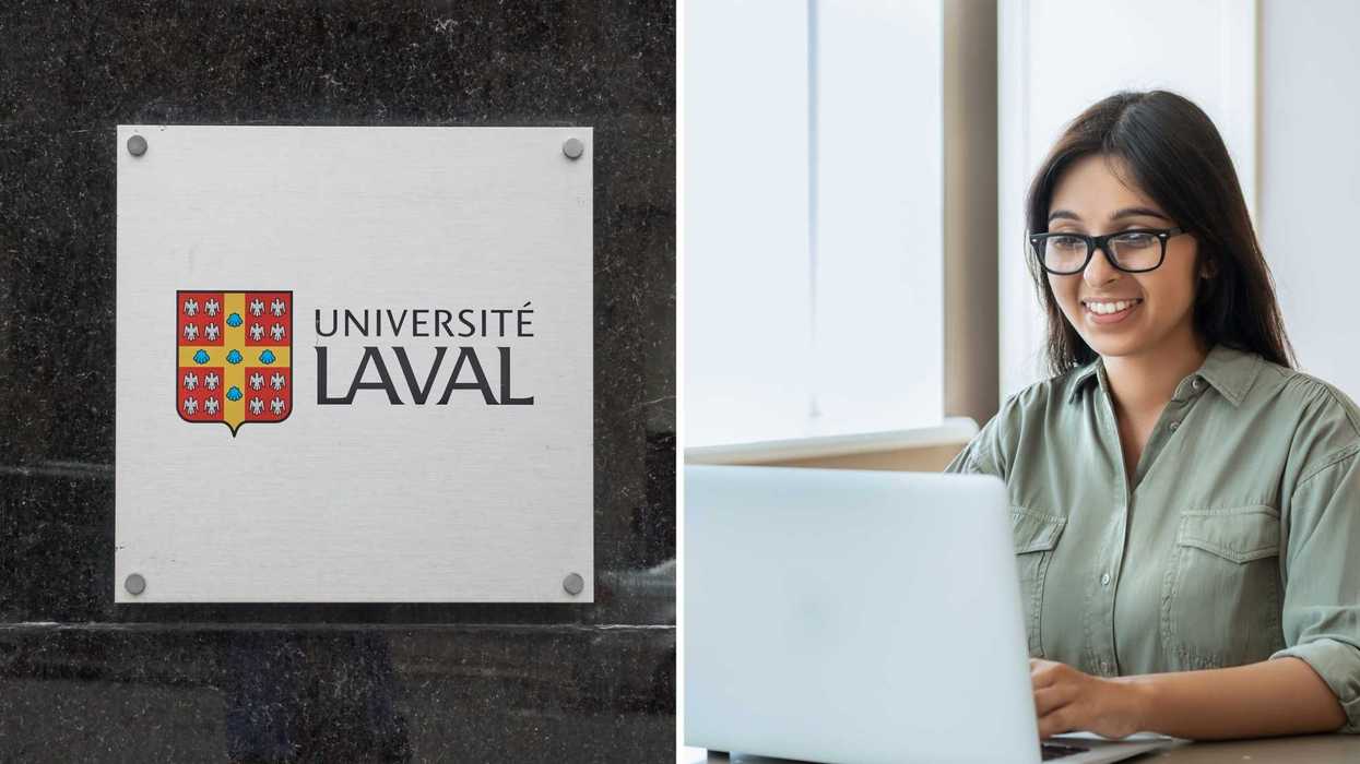 L’enseigne de l’Université Laval. Droite : une femme à l’ordinateur.