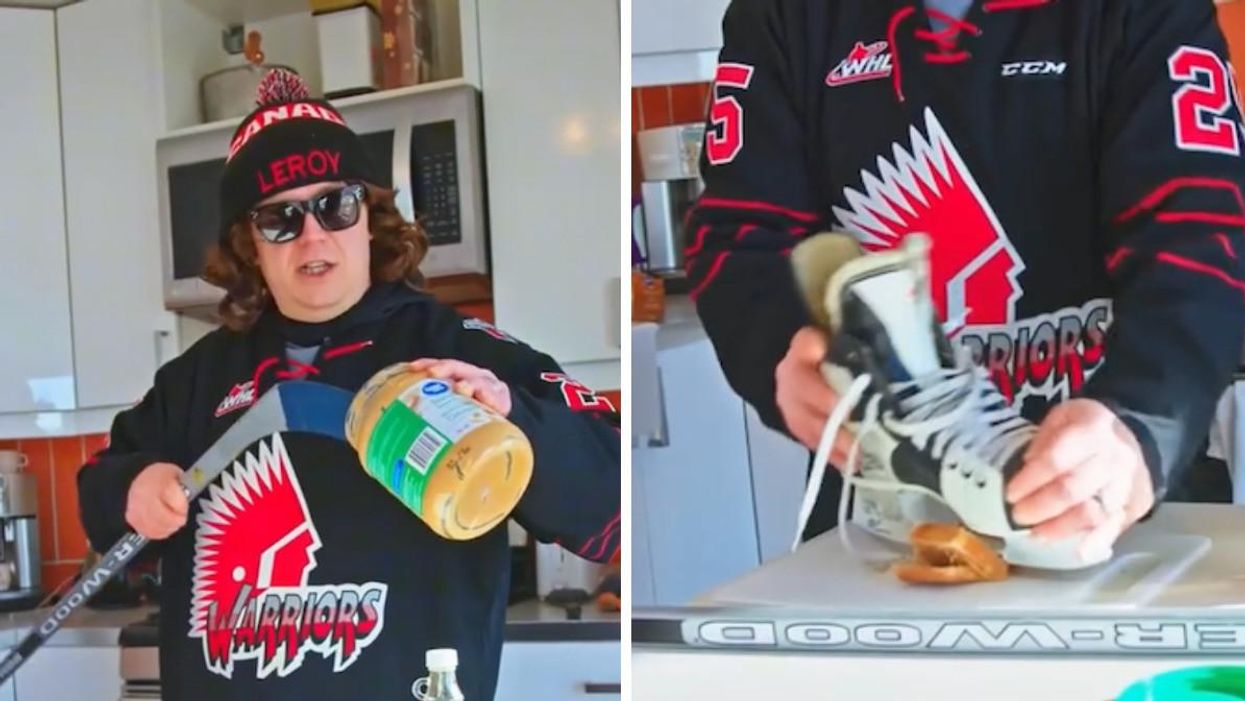 Leroy using a hockey stick to scoop peanut butter. Right: Leroy using a skate to cut his sandwich.