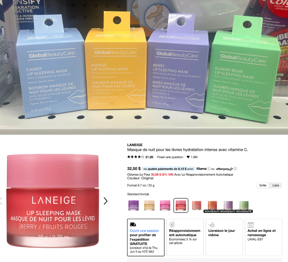 Les 4 saveurs de masques vendus au Dollarama. En dessous : Le masque LANEIGE.