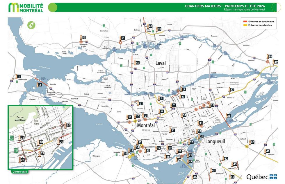 Les 52 travaux majeurs dans le Grand Montr\u00e9al cet \u00e9t\u00e9 2026.