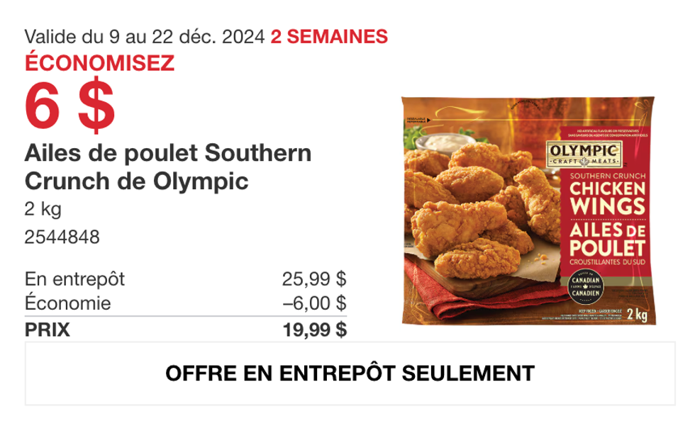 Les ailes de poulet Southern Crunch de Olympic en rabais sur le site de Costco Canada.