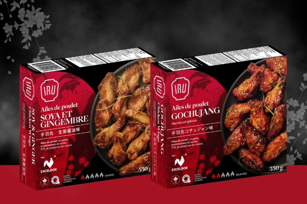 Les ailes de poulet surgel\u00e9es gochujang de la marque IRU en deux saveurs : Sucr\u00e9es et \u00e9pic\u00e9es et Soya et gingembre.