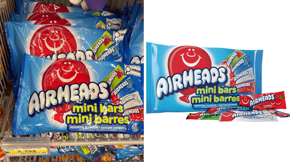 Les Airheads mini barres sur les tablettes du Dollarama. Droite : Les Airheads mini barres sur le site internet de Walmart.
