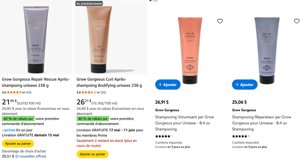 Les apr\u00e8s-shampoings Grow Gorgeous \u00e0 21,95 $ et 26,21 $ sur le site d\u2019Amazon Canada. Droite : Les shampoings Grow Gorgeous, \u00e0 25,06 $ et 26,91 $ sur Amazon Canada.