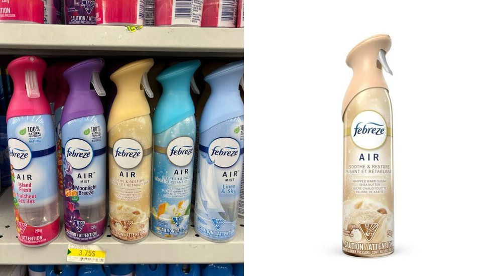 Les assainisseurs d\u2019air en bruine Febreze Air au Dollarama. Droite : Les assainisseurs d\u2019air en bruine Febreze sur le site du Walmart.