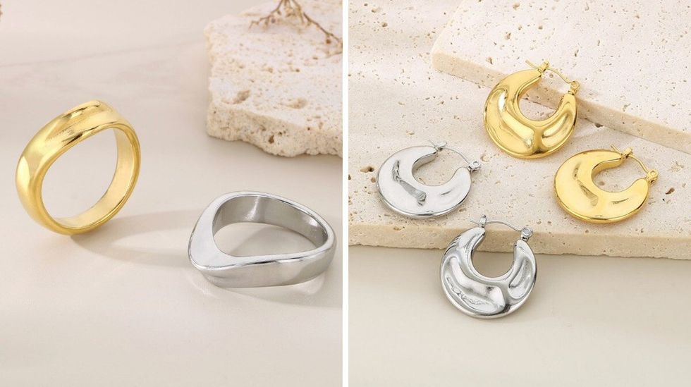 Les bagues Pascale, en or et en argent. Droite : Les boucles d'oreilles Catherine, en or et en argent.