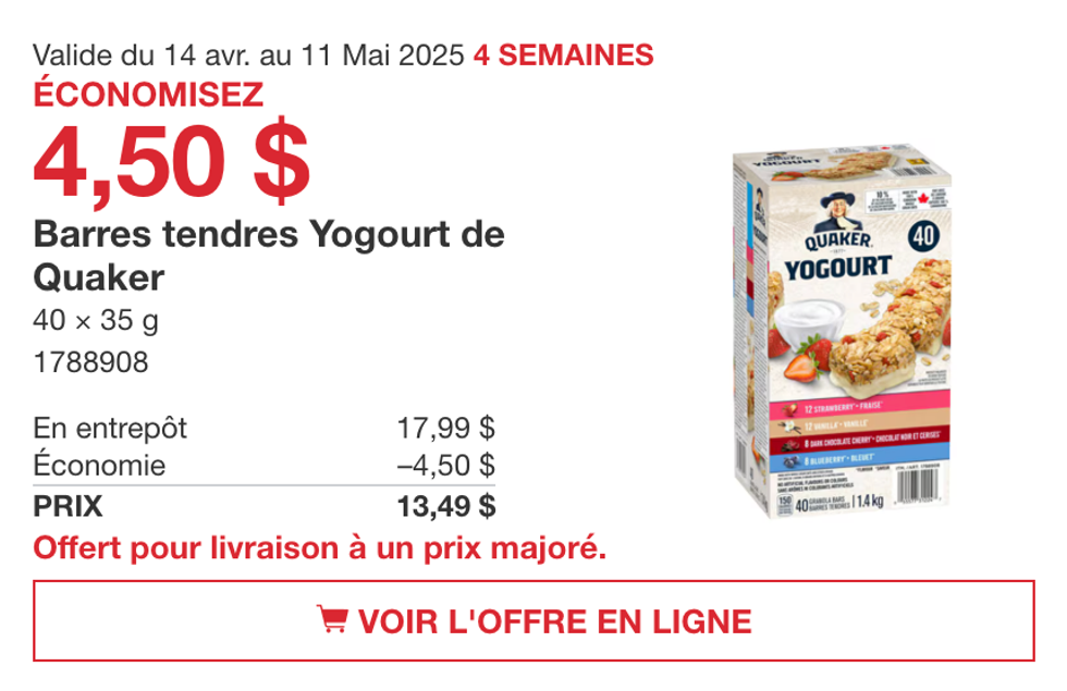 Les barres tendres Yogourt de Quaker dans la circulaire du Costco.