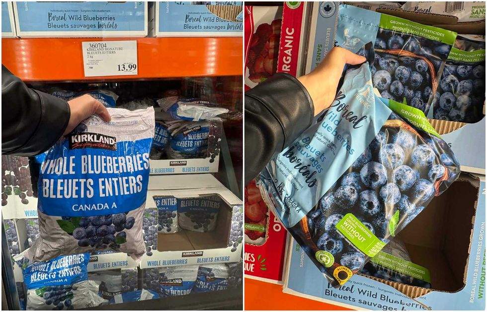 Les bleuets sauvages surgel\u00e9s de la marque Kirkland Signature au Costco. Droite : Les bleuets sauvages surgel\u00e9s de la marque Fennec Food au Costco