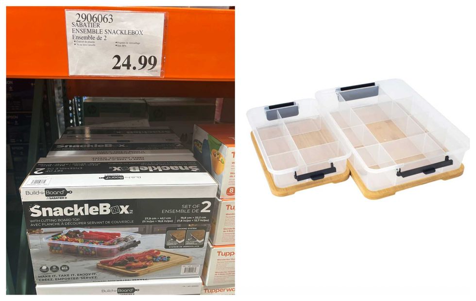 Les bo\u00eetes \u00e0 go\u00fbter avec couvercle en bambou de la marque Sabatier \u00e0 l'entrep\u00f4t Costco. Droite : Les bo\u00eetes ouvertes sur le site du Costco.
