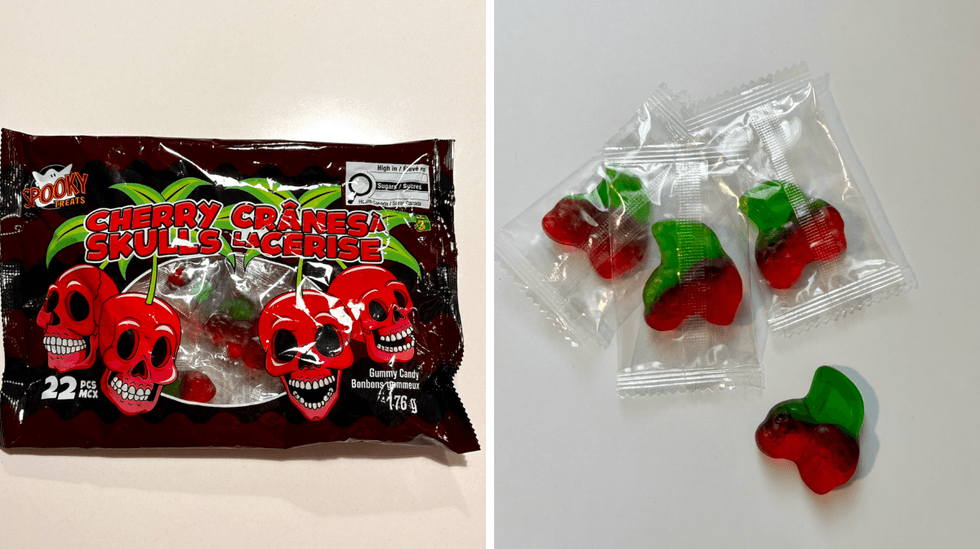 Les bonbons Cr\u00e2nes \u00e0 la cerise de la marque Spooky Treats. Droite : Les bonbons Cr\u00e2ne \u00e0 la cerise, une friandise gommeuse en forme de cr\u00e2ne.