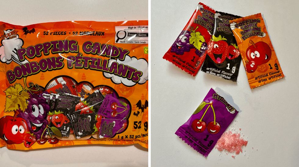 Les bonbons p\u00e9tillants de la marque Spooky Treats. Droite : Les sachets de bonbons p\u00e9tillants et les petits cristaux de bonbon aromatis\u00e9s.