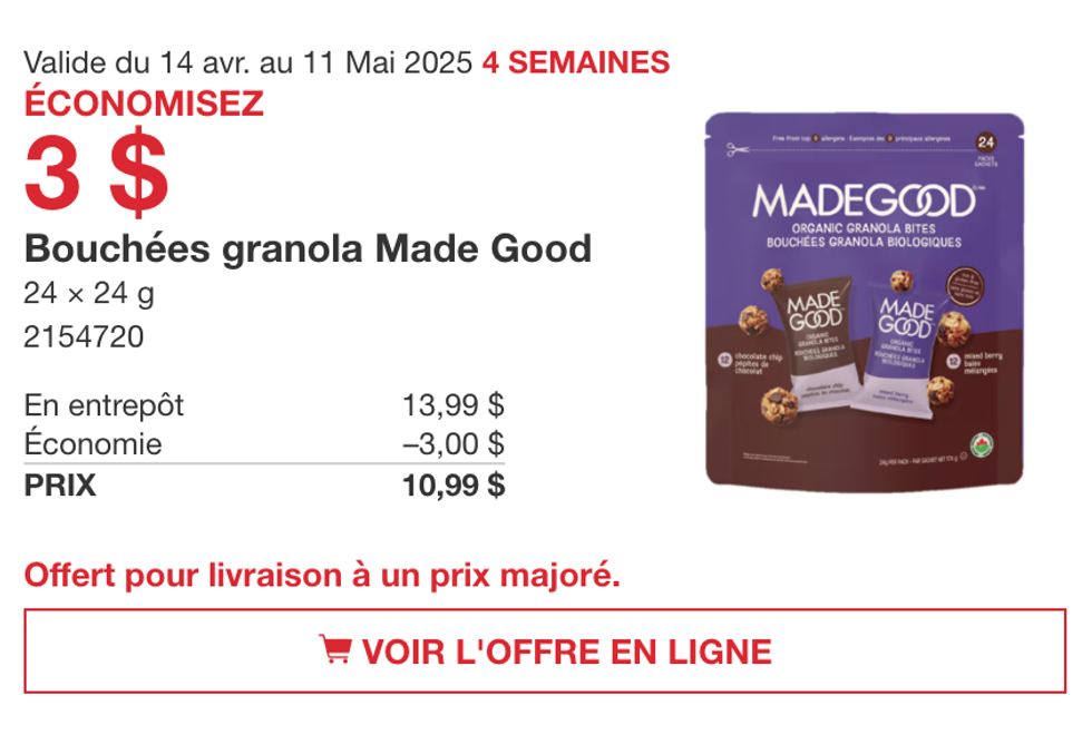 Les bouch\u00e9es granola Made Good dans la circulaire du Costco.
