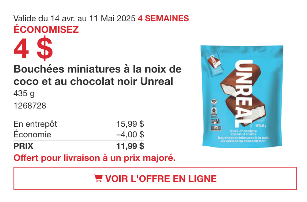 Les bouch\u00e9es Unreal \u00e0 la noix de coco et au chocolat noir dans la circulaire du Costco.