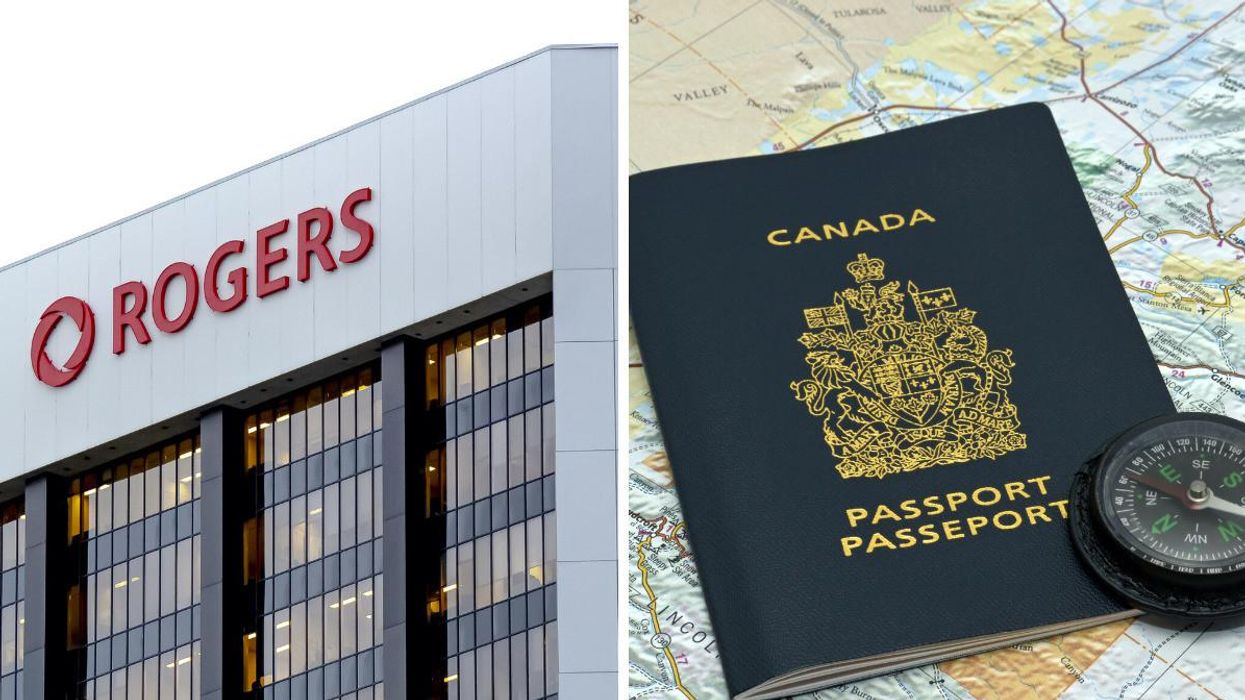 Les bureaux de Rogers. Droite : Un passeport canadien sur une carte routière.