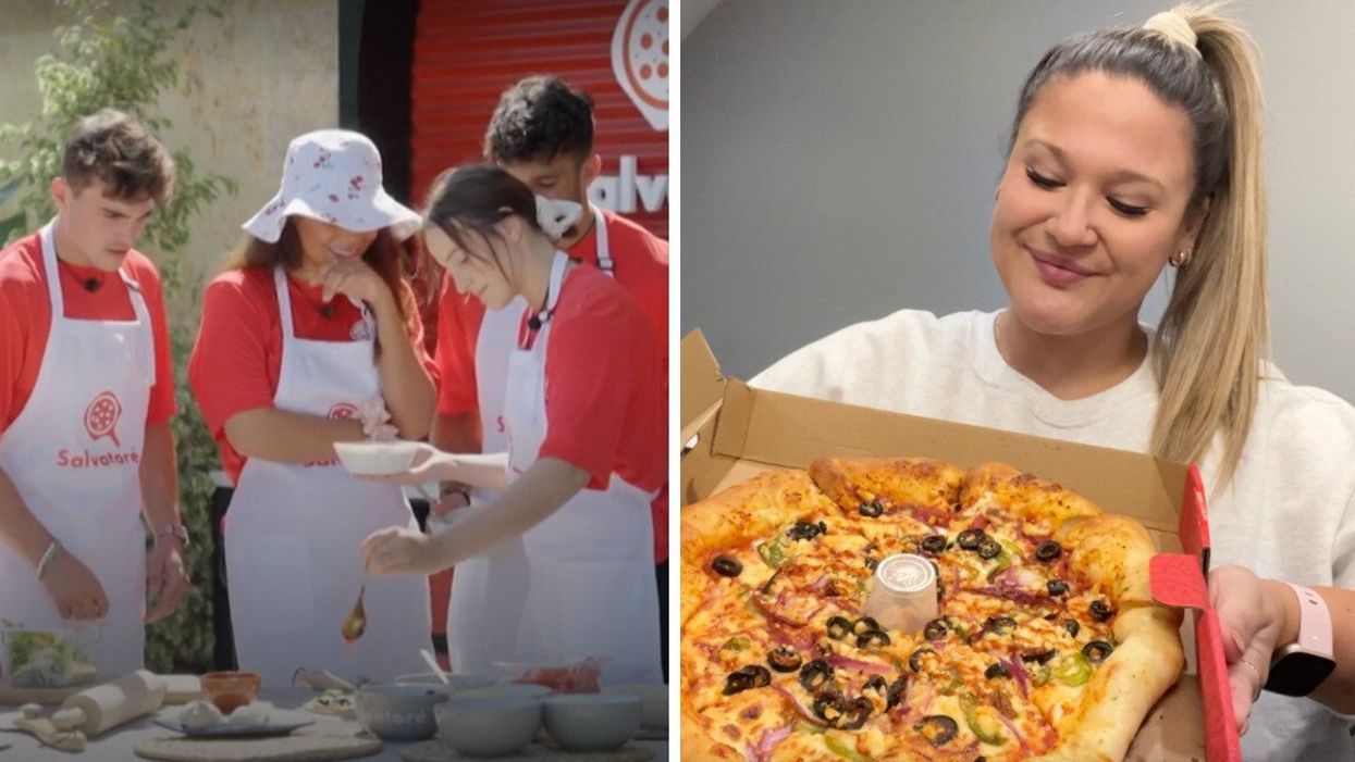 Les candidat.es d'OD qui confectionnent la pizza. Droite : Izabelle Bee et la Crousti-Suavé du Pizza Salvatoré.